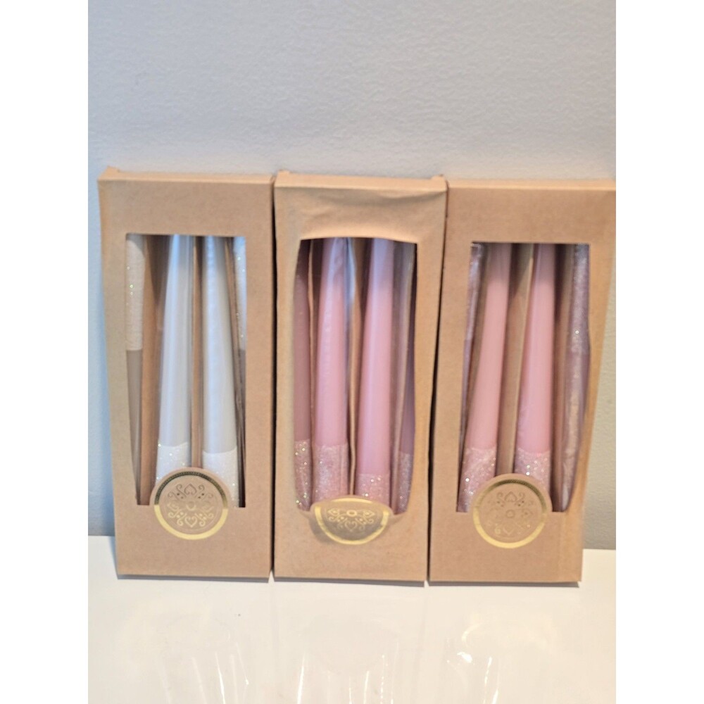 Lot of 3 Boxes Glitter Taper Dinner Candles Pink White Gold 10” Made in Poland